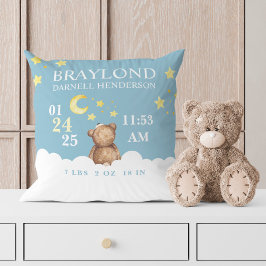 Cojín Decorativo Blue Teddy Bear Birth Stats Nursery Pillow