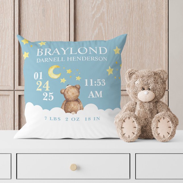 Cojín Decorativo Blue Teddy Bear Birth Stats Nursery Pillow (Subido por el creador)