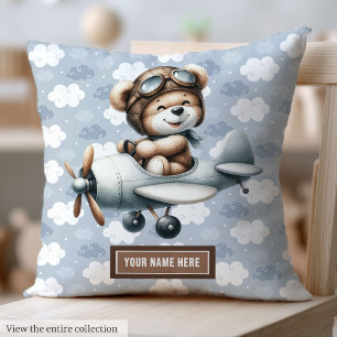 Cojín Decorativo Blue Teddy Bear Pilot Baby Boy Pillow Custom Name