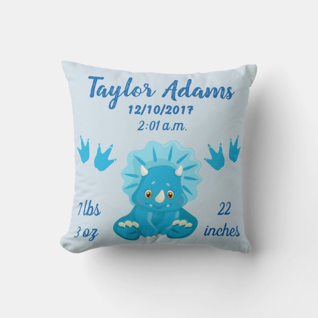 Cojín Decorativo Blue Triceratops Dinosaur Birth Stats Nursery (Anverso)
