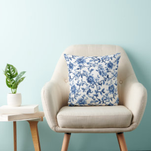 Cojín Decorativo Blue Watercolor Floral Toile Chinoiserie Elegante