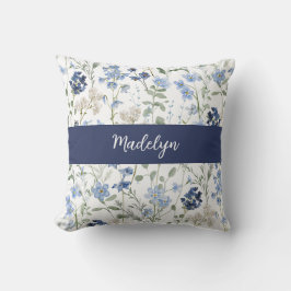 Cojín Decorativo Blue Watercolor Wildflower Monogram Name