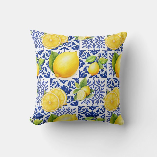 Cojín Decorativo Blue White Lemon Tile Pattern Mediterranean Citrus (Anverso)