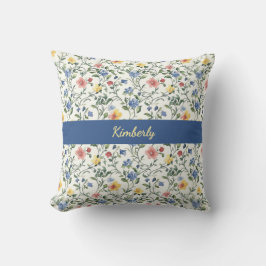 Cojín Decorativo Blue Yellow Watercolor Wildflower Monogram Name
