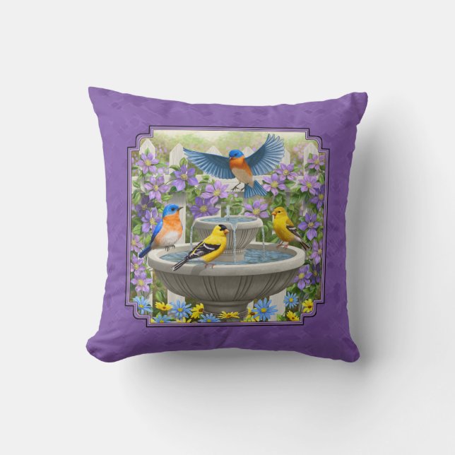 Cojín Decorativo Bluebirds Goldfinches Flower Garden Bath Purple (Anverso)