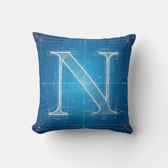 Cojín Decorativo Blueprint Monogram Letter N (Anverso)