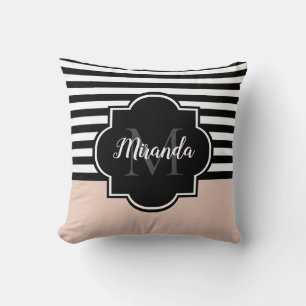 Cojín Decorativo Blush Franja Negra Monograma Nombre