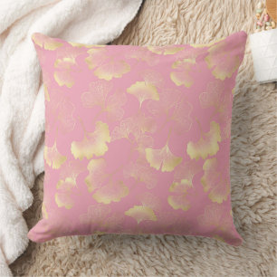 Cojín Decorativo Blush Ginkgo Luxe – Botánica Dorada sobre Rosa