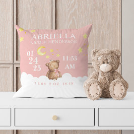 Cojín Decorativo Blush Girl Teddy Bear Birth Stats Nursery Pillow