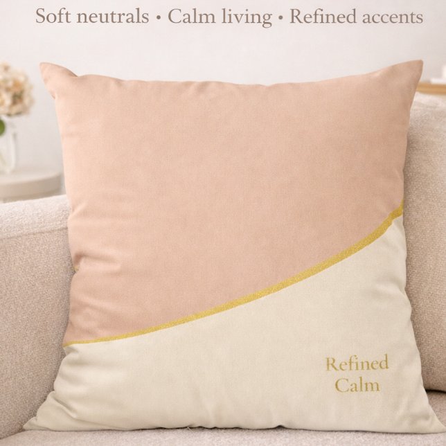 Cojín Decorativo Blush Gold Harmony Throw Pillow (Refined Calm lettering paired with blush, ivory, and gold for modern feminine interiors.)