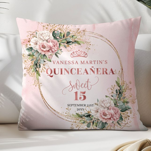 Cojín Decorativo Blush Pink Flowers Eucalyptus Quinceañera Gift   (Blush Pink Flowers Eucalyptus Quinceañera Gift Pillow)