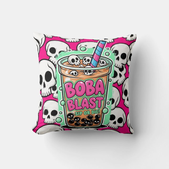 Cojín Decorativo Boba Blast – ¡Bebe o Muere! (Anverso)