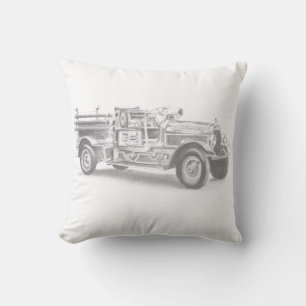 Cojín Decorativo boceto de lápiz de camión de bomberos antiguo dibu