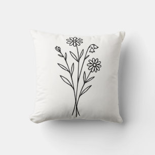 Cojín Decorativo Boceto de línea botánica de flores silvestres mini