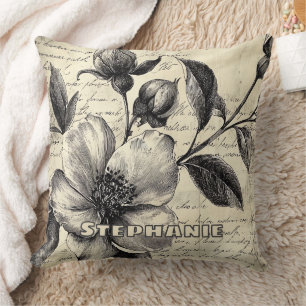 Cojín Decorativo Boceto floral sepia del viejo mundo en pergamino