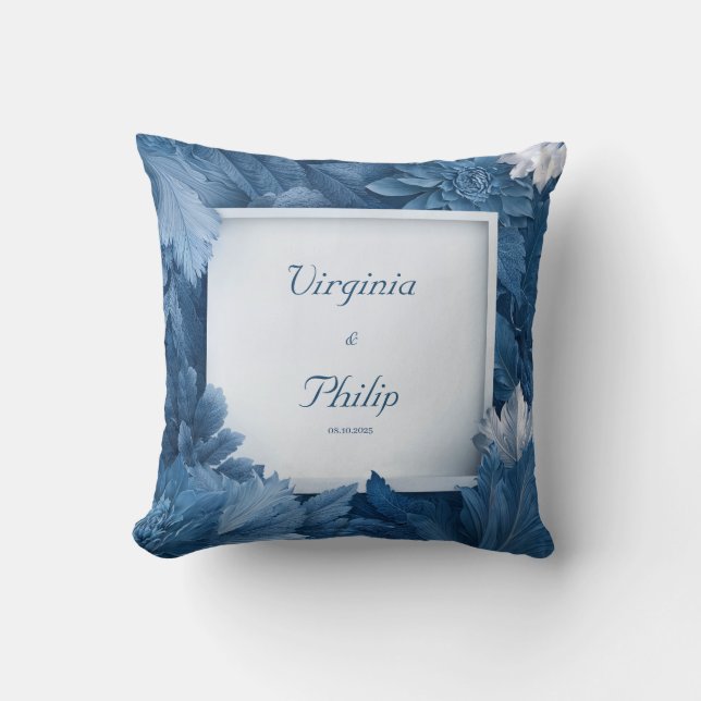 Cojín Decorativo Boda Botánico Floral Azul Negrita (Anverso)