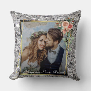 Cojín Decorativo Boda Chic Moderna Pareja Amor Brillo Plateado
