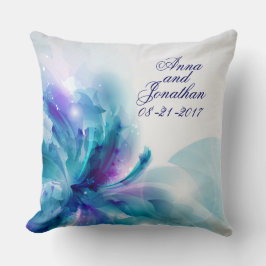 Cojín Decorativo Boda de flores abstractas azul y púrpura