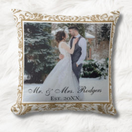 Cojín Decorativo Boda de Foto Brillo Falso Blanco y Dorado Elegante