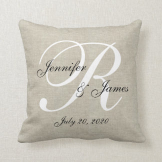 Cojín Decorativo Boda de monograma blanco de línea Beige Mantener a