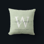 Cojín Decorativo Boda de Monograma Blanco Lino Verde Keepsake<br><div class="desc">Elegante almohada de efecto de lino trenzado verde con el texto en moda gris oscuro caligrafía de escritura manuscrita. Simplemente agregue sus nombres, monograma y fecha de boda. Un gran regalo para una pareja recién casada. Diseñado exclusivamente para usted por Happy Dolphin Studio. Si necesita ayuda o productos coincidentes, por...</div>