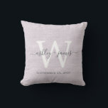 Cojín Decorativo Boda de monograma blanco morado Keepsake<br><div class="desc">Elegante almohada de efecto de lino trenzado púrpura de aguacate de boda con tu texto en caligrafía de escritura manuscrita de moda gris oscuro. Simplemente agregue sus nombres, monograma y fecha de boda. Un gran regalo para una pareja recién casada. Diseñado exclusivamente para usted por Happy Dolphin Studio. Si necesita...</div>