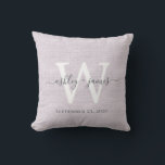 Cojín Decorativo Boda de monograma blanco morado Keepsake<br><div class="desc">Elegante almohada de efecto de lino trenzado púrpura de aguacate de boda con tu texto en caligrafía de escritura manuscrita de moda gris oscuro. Simplemente agregue sus nombres, monograma y fecha de boda. Un gran regalo para una pareja recién casada. Diseñado exclusivamente para usted por Happy Dolphin Studio. Si necesita...</div>