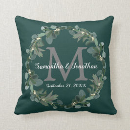 Cojín Decorativo Boda de monograma de eucalipto verde esmeralda Kee