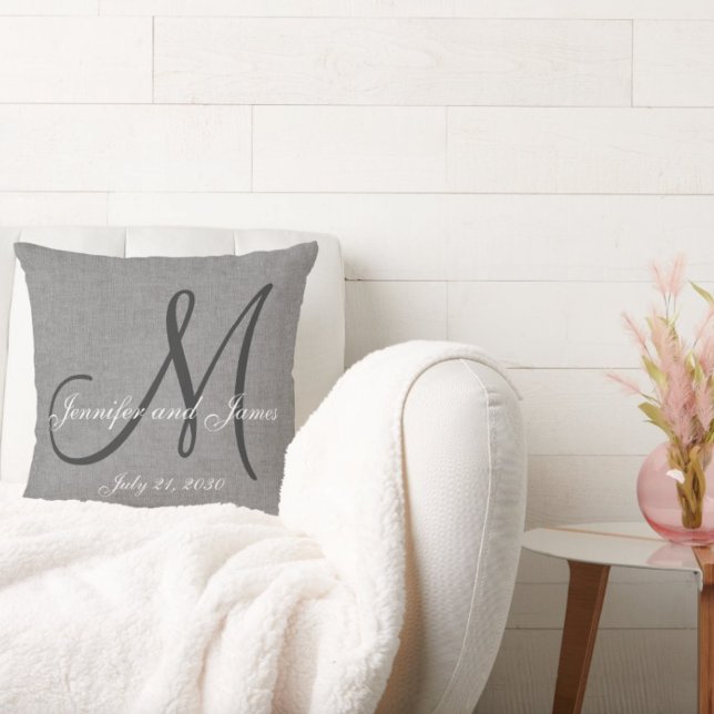 Cojín Decorativo Boda de monograma de lino blanco gris Keepsake (Subido por el creador)