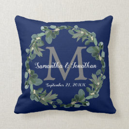 Cojín Decorativo Boda de Monograma de Navy Blue Eucalyptus Keepsake