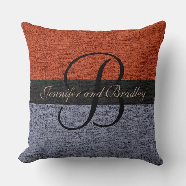 Cojín Decorativo Boda de Monograma Elegante de Ladrillo Rojo y Gris (Anverso)