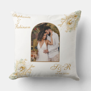 Cojín Decorativo Boda de Monograma Floral de Oro Elegante
