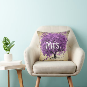 Cojín Decorativo Boda del árbol de hoja de corazón púrpura radiante