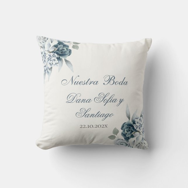 Cojín Decorativo Boda Floral Azul Español (Anverso)