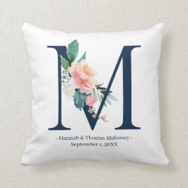 Cojín Decorativo Boda floral azul marino Monograma almohada| M