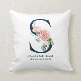 Cojín Decorativo Boda floral azul marino Monograma almohada| S