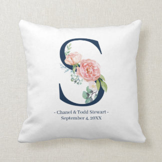 Cojín Decorativo Boda floral azul marino Monograma almohada| S