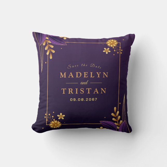Cojín Decorativo Boda Floral de Estética Purple & Gold (Anverso)