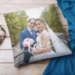 Cojín Decorativo Boda manuscrita de escritura de amor Dos fotos<br><div class="desc">Añade tus propias fotos bodas a esta almohada cuadrada. Puedes cambiar el color blanco y negro del estilo de escritura a mano caligrafía moderna "amor" texto para crear tu propio keepsake boda. Diseñar ideas... cambiar el texto a un color que coincida con tu ramo boda, o a un color que...</div>