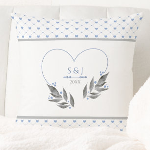 Cojín Decorativo Boda Moderna de Gris Azul Pareja Iniciales Año