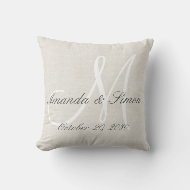 Cojín Decorativo Boda monograma blanco con crema rústica (Anverso)
