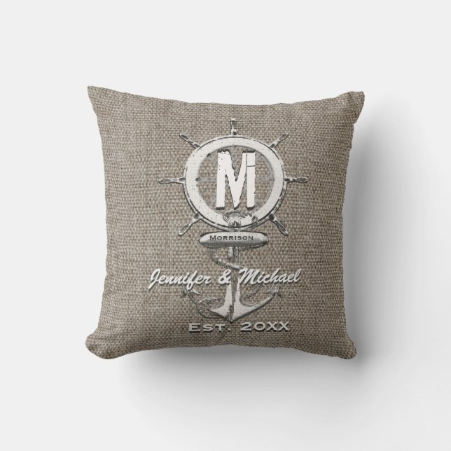 Cojín Decorativo Boda Monograma Rústico Linen Anchor (Anverso)