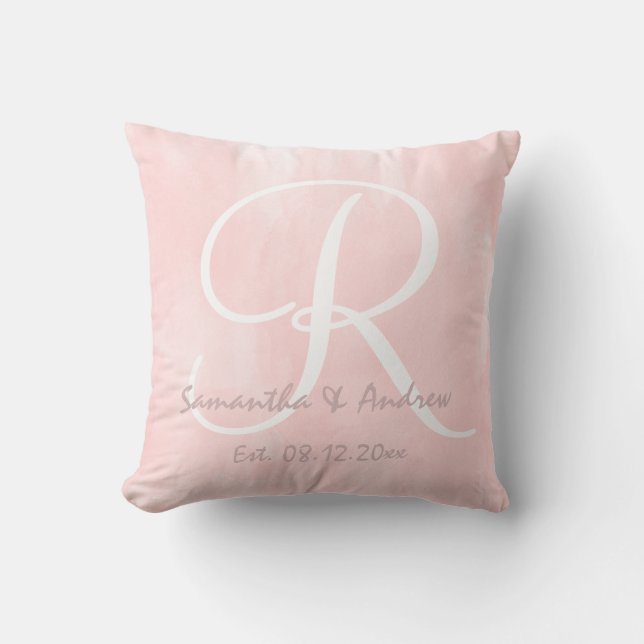 Cojín Decorativo Boda rosado moderno del monograma de la acuarela (Anverso)