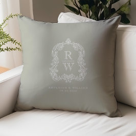 Cojín Decorativo Boda Vintage Cresta Monograma Nombres Verde Salvia