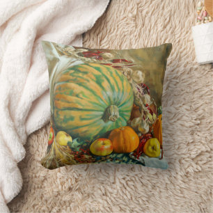 Cojín Decorativo Bodegón de cosecha rústica con calabazas y manzana