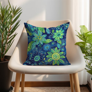 Cojín Decorativo Bohemian Floral Verde Lima Azul Teal