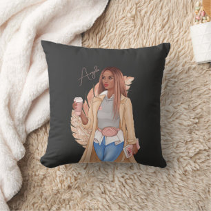 Cojín Decorativo Bohemio brillo falso chica cabello castaño rosa