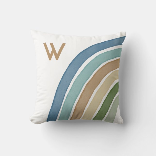 Cojín Decorativo Boho acuarela Arcoiris Monograma azul moderno (Anverso)