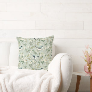 Cojín Decorativo Boho Acuarela Floral en Verde Salvia y Crema Pájar