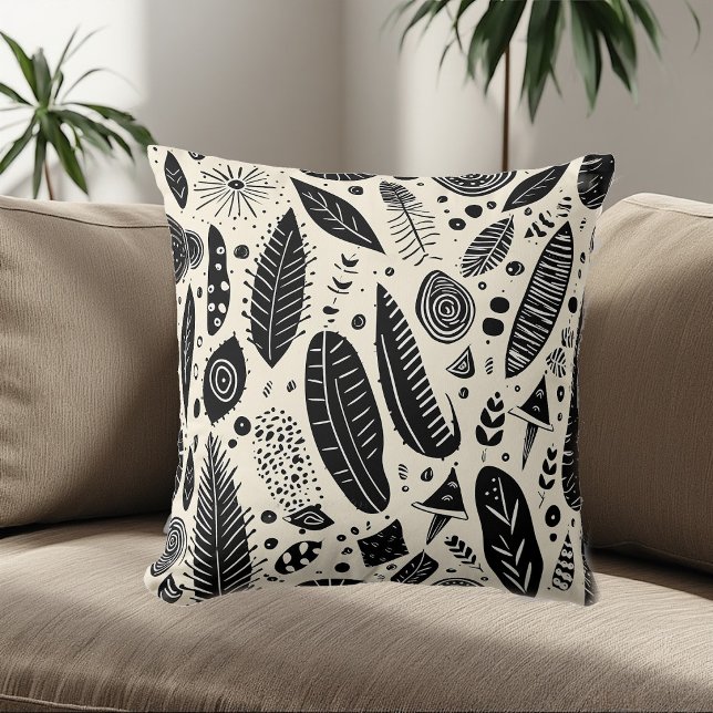 Cojín Decorativo Boho Art Tribal Elements Black White Monochrome   (Boho Art Tribal Elements Black White Monochrome Throw Pillow)